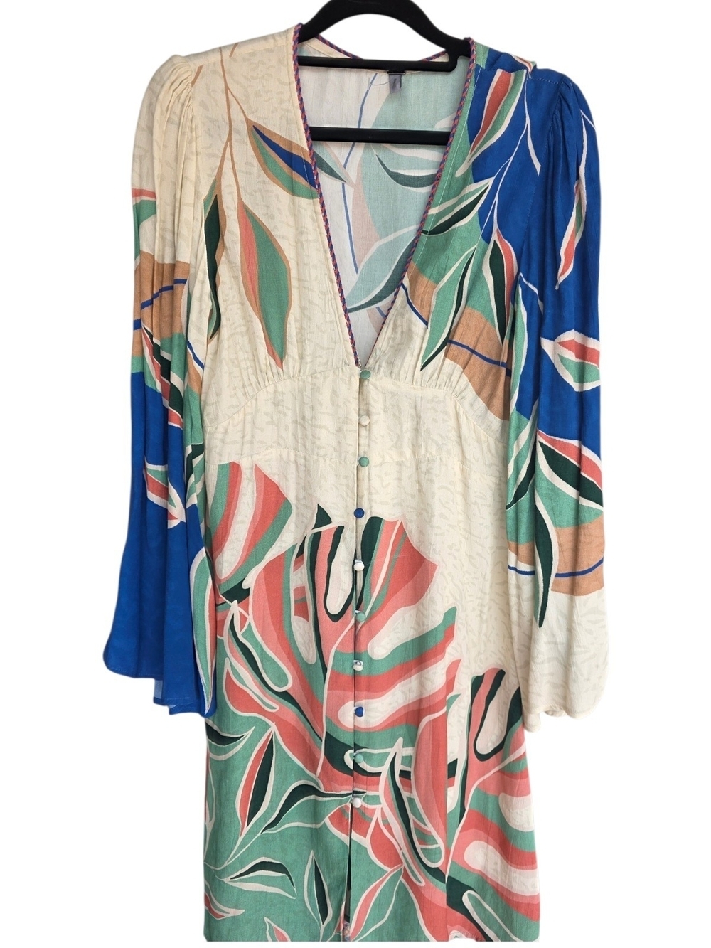 Blink For AnthropologieBoho Button-Front V-Neck Dress Cream, Blue, Green & Coral - Picture 2 of 3